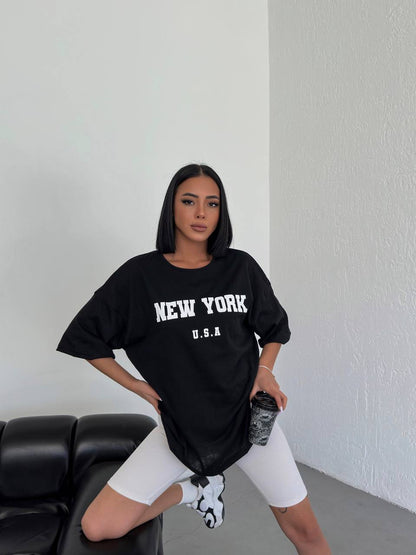 New York Baskılı Oversize T-shirt.