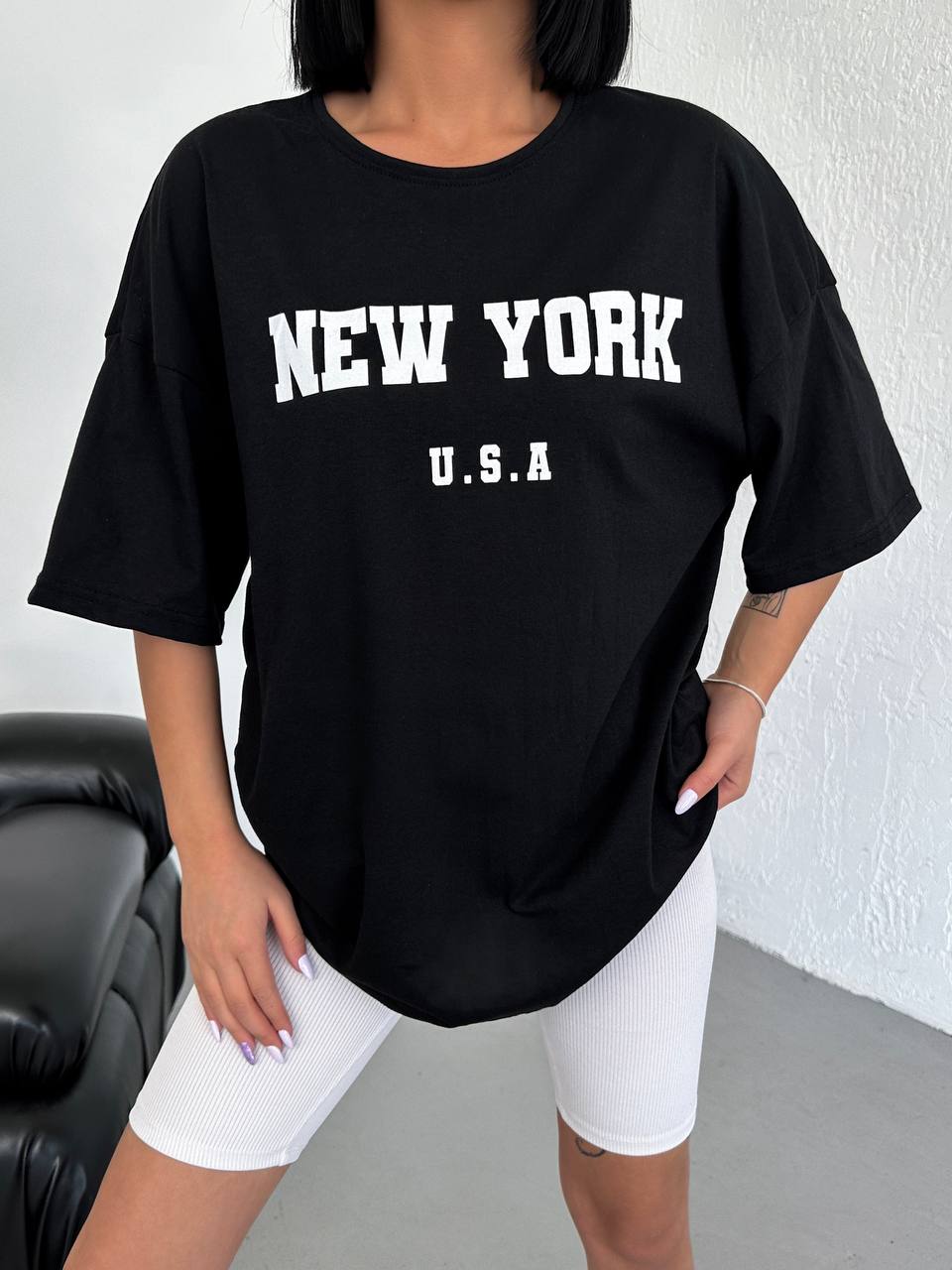 New York Baskılı Oversize T-shirt.