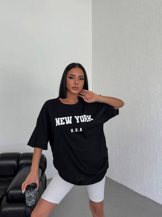 New York Baskılı Oversize T-shirt.